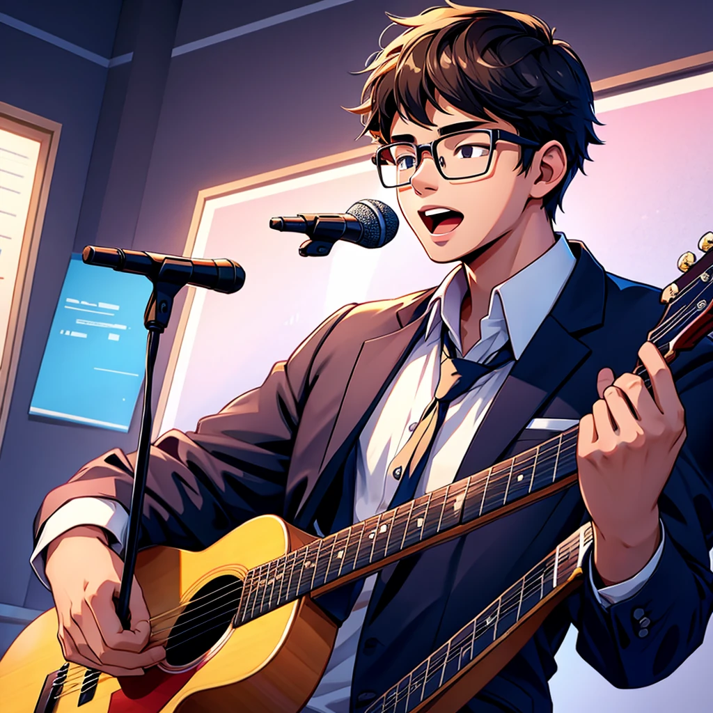 Generate an illustration of a young man wearing glasses A young man wearing glasses is singing