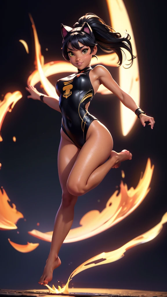 (high resolution, full body, soft skin:1.2),(best illustration,masterpiece:1.2),ultra-detailed,[(cat ears , black inside:1.2, black ponytail hair, gold eyes, cat eyes, dark skin),vivid colors,sharp focus,studio lighting,bokeh, wearing a WHITE Plunge One Piece Swimsuit, pier at night background, smiling, jumping in the air