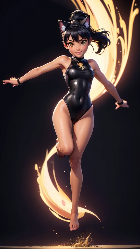 (high resolution, full body, soft skin:1.2),(best illustration,masterpiece:1.2),ultra-detailed,[(cat ears , black inside:1.2, black ponytail hair, gold eyes, cat eyes, dark skin),vivid colors,sharp focus,studio lighting,bokeh, wearing a WHITE Plunge One Piece Swimsuit, pier at night background, smiling, upper body