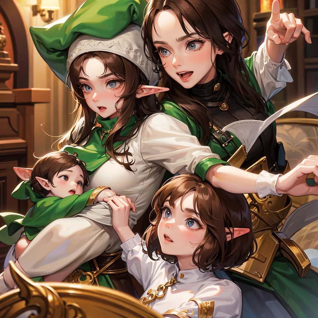 A white woman with brown hair holding an elf baby in her arms and in front of an angry elf man with black hair.