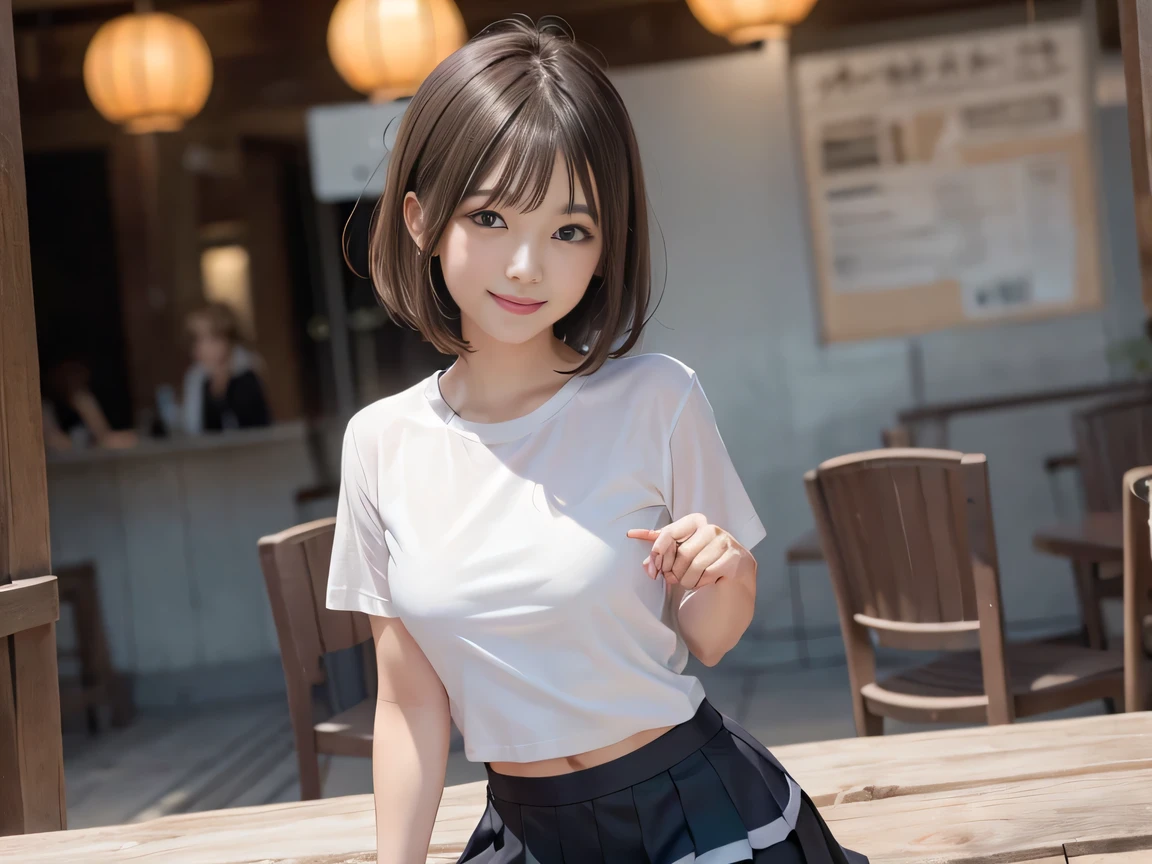 short hair、A very beautiful -yeld cugirl、Sexy and very beautiful、Very cute face、Very beautiful、Loose low-cut T-shirt、Knee socks、Lean forward、Sexy pose、Beautiful nipples、Proud look