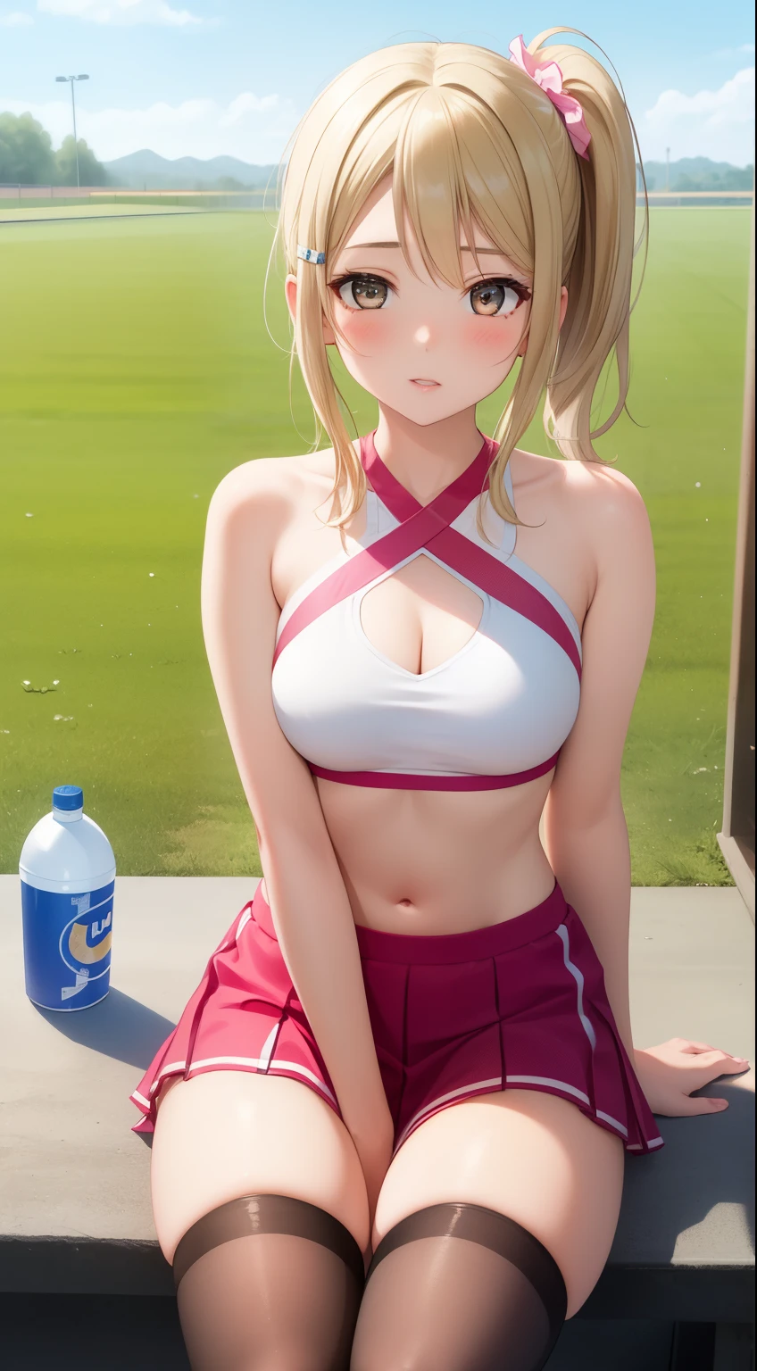 masterpiece, best quality, highly detailed, ultra high res, ayase arisa, 1girl, solo, hazel eyes, hair ornament, short ash blonde hair, side ponytail, glossy lips, cheerleader, pink thigh highs, looking at viewer, school field, medium breasts, halter top, sitting, water bottle