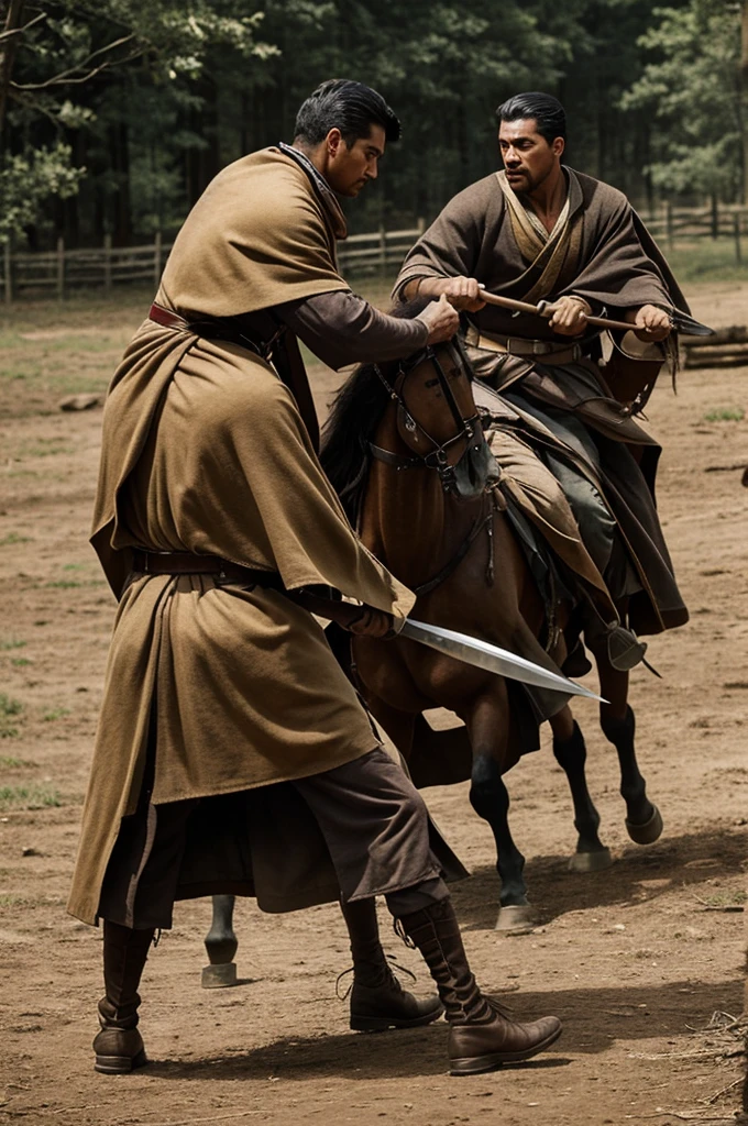 Realistic man fighting, in a bygone era, wearing clothing ponchos, using edged weapons, and with horses
