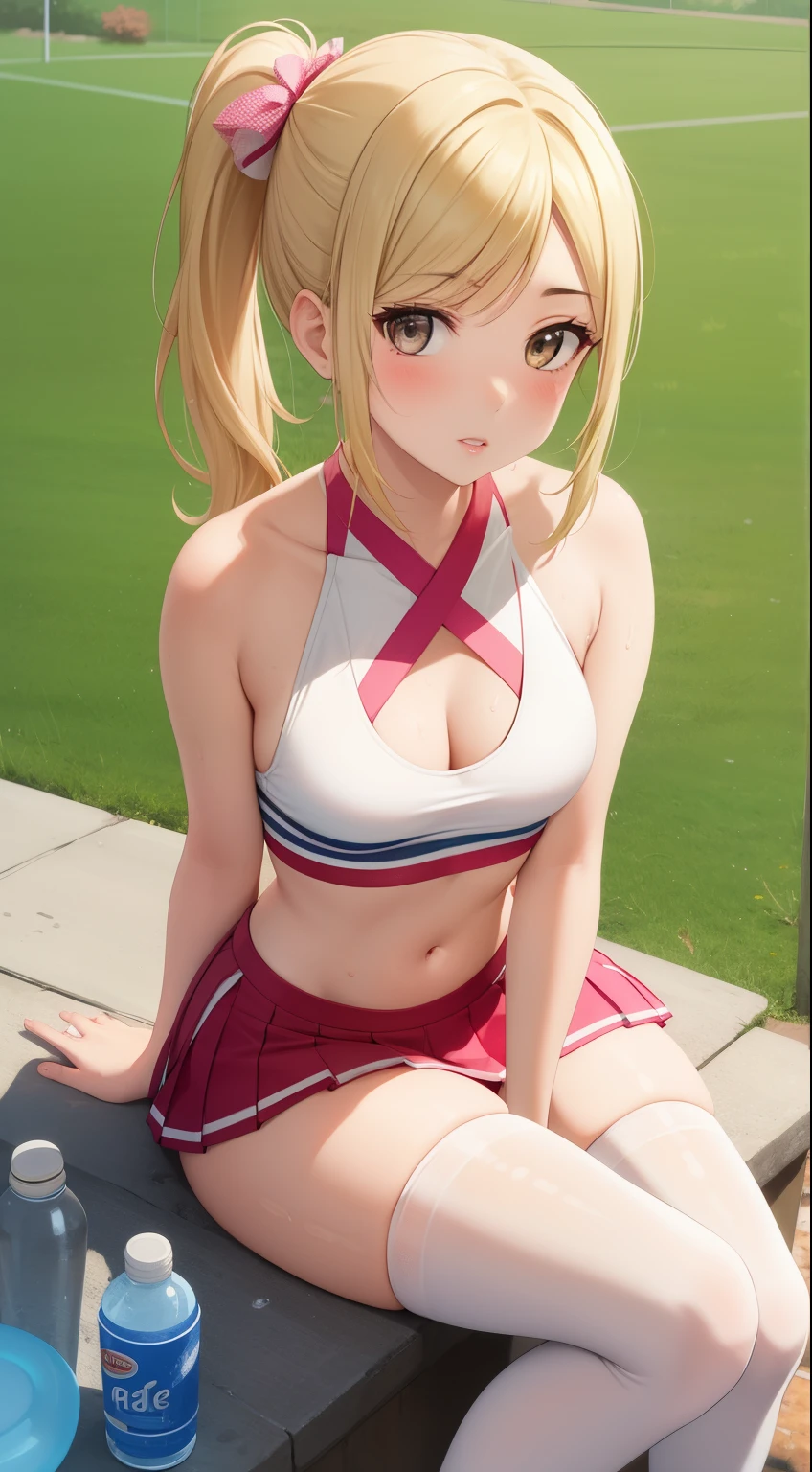 masterpiece, best quality, highly detailed, ultra high res, ayase arisa, 1girl, solo, hair ornament, long blonde hair, glossy lips, medium breasts, aqua eyes, school field, cheerleader, cleavage, midriff, sitting, water bottle