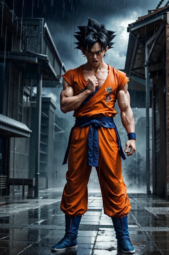Generate a picture in which goku standing angrily in rain