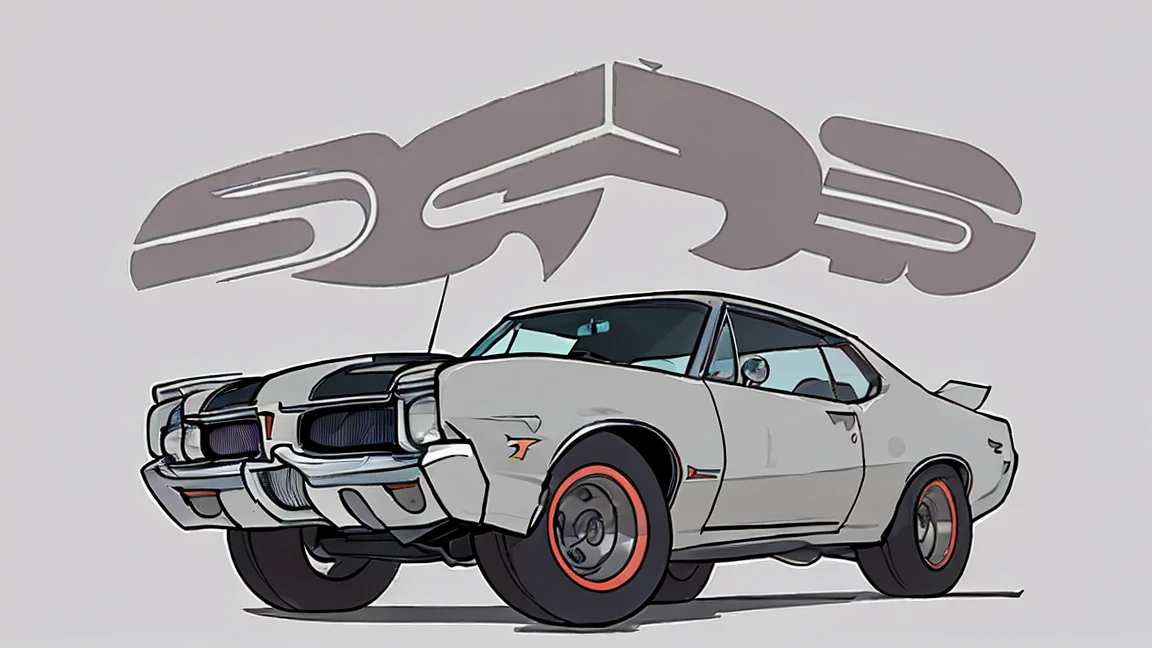 Dark Beige 1967 Pontiac GTO , pop art, cartoonish style , sketch, detailed illustration, large wheels, slammed to the ground, wide body, masterpiece, highly detailed ((([simple grey background])))
