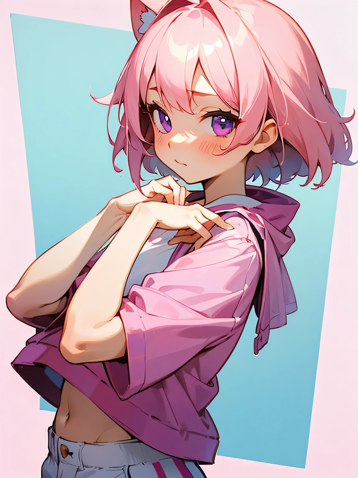 sideview,solo,upperbody,beige pink hair、Purple Eyes、The face of first love、(looking at viewer),Pink jacket、White T-shirt、Micro Mini Pants、Cute expression、blush、Pastel blue cute background、