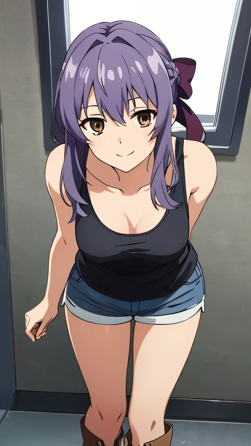 (masterpiece, best quality, high resolution, 8k),anime art style, Shinoa, 1 girl, dark brown eyes, medium breasts, smile, hair ribbon, (Tank top, shorts, boots:1.2), alone, standing,dynamic Angle cowboy shot,