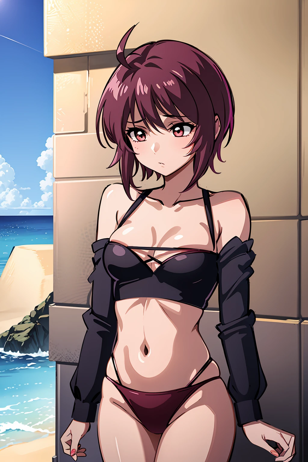 (Highest quality:1.5, High resolution, uhd, 4K, Detailed lighting, Shaders)　(Lunamaria Hawke) 独奏 , short hair, Ahoge Pink hair　((Black Bikini))++　Beautiful beach　Highly detailed face, Perfect lighting, Highly detailed CG,Cowboy Shot