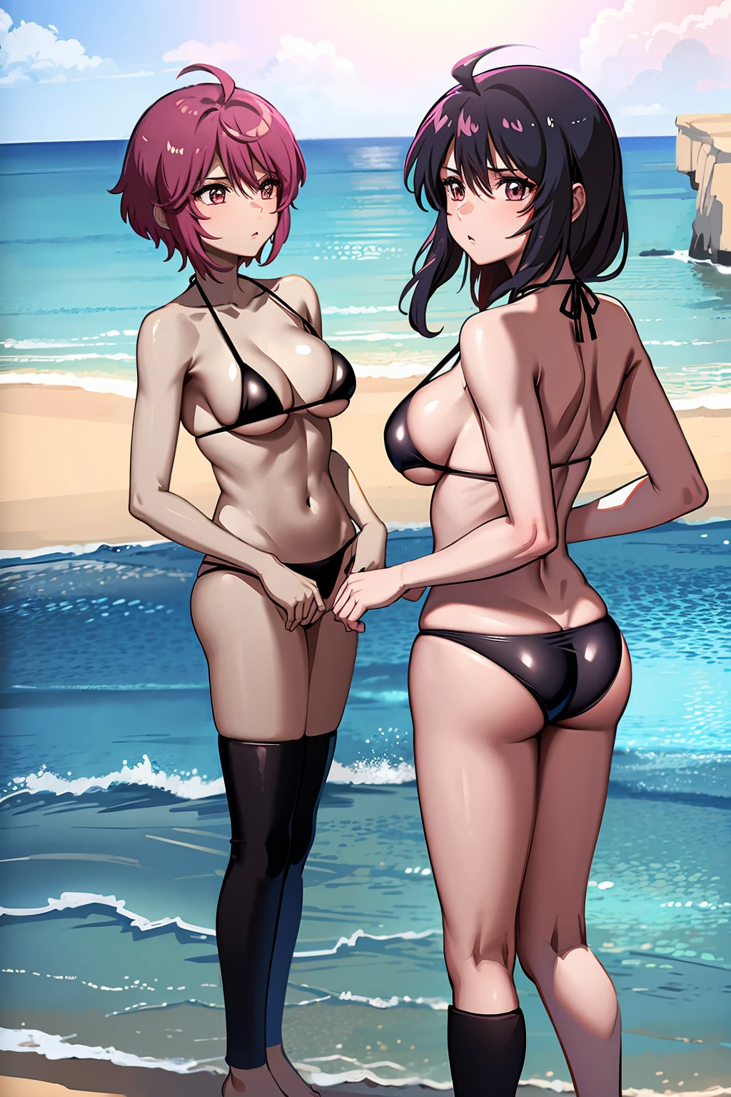 (Highest quality:1.5, High resolution, uhd, 4K, Detailed lighting, Shaders) (Lunamaria Hawke) 独奏 , short hair, Ahoge Pink hair ((Black Bikini))++ Beautiful beach Highly detailed face, Perfect lighting, Highly detailed CG,Cowboy Shot