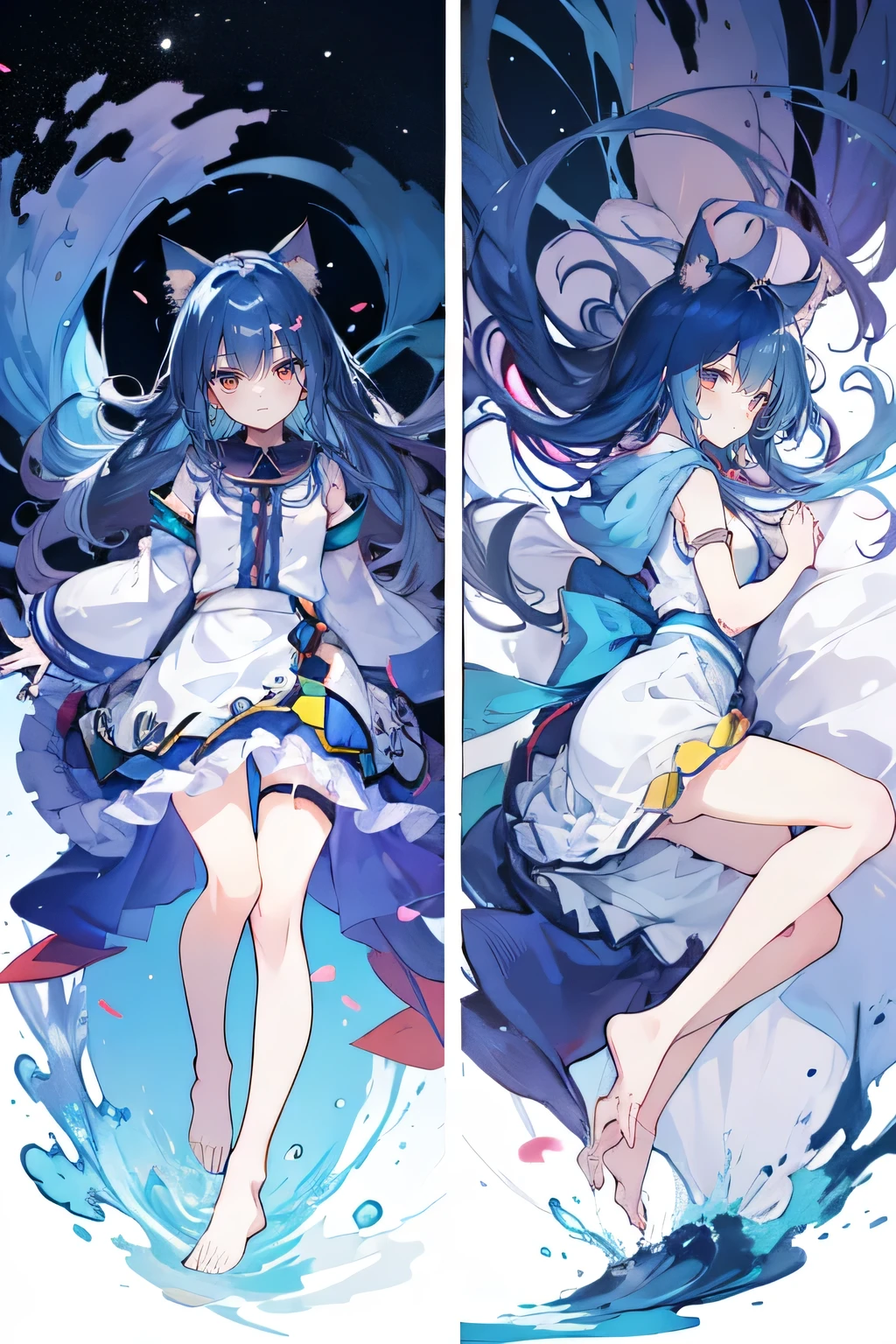（masterpiece：1.2），Super detailed，lifelike，Expressive eyes，fair skin，perfect face shape，1 girl，
Japanese comics,Gorgeous blue hair,flowing blue hair,flowing clothes,Cat ears,Petals fall,beautiful lola,Baby Angel,
Shaking head with one hand，Cross your legs，Gentle and peaceful background，The pavilion is cool and comfortable,smile, wearing hoodie, background of tokyo,back views,snowing, winter,lie on the water. dark blue gradient hair,asymmetrical hair,（（Hair is very thick 1.8，Chiseled hair 1.6））， Hair over the shoulders, Messy hair, Very long hair, shiny hair，(long dark blue hair:1.2),A beautiful girl，（Transparent clothes transparent 1.8），Perfect body，Big thin legs，slender，(Looks very sad，Looks haggard ，sadness，shut your mouth：1.2） Against the backdrop of an unusually bright dark starry sky，（Put your hands behind your back），（round,Room, Strong breasts），barefoot，float，water surface，（long legs，long legs，long legs，Complete）