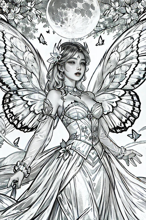 Only the moon, butterflies and wings。Coloring book