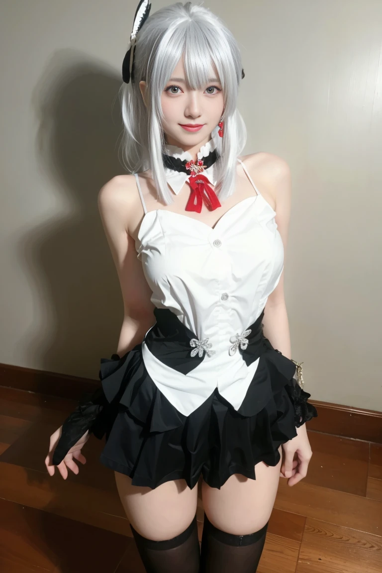 best quality, tmasterpiece,Ultra-high resolution,Clear face,(Reality:1.4),ferpect lighting, (upper body photo), (photorealistic:1.50), anime wallpaper, Guviz style artwork, cover-up fantasy up to magic , by Yang J, Guviz, beautiful artwork illustration, beautiful digital artwork, beautiful digital illustration, Li Song, beautiful anime portrait, art style in Beauvot, 1girl, indoors, soft lighting, absurdres, looking at the audience, 独奏, long hair, serafuku, official art, formal alternative costume, blunt bangs, hair bands, hair bands, red ribbons, sailor shirts, sailor collars, pleated skirts, petticoats, black ribbon, cate, Looking viwer, Bare shoulders, (hair ornament), Earring, jewelry, white hair, One eye is covered by hair, smile,