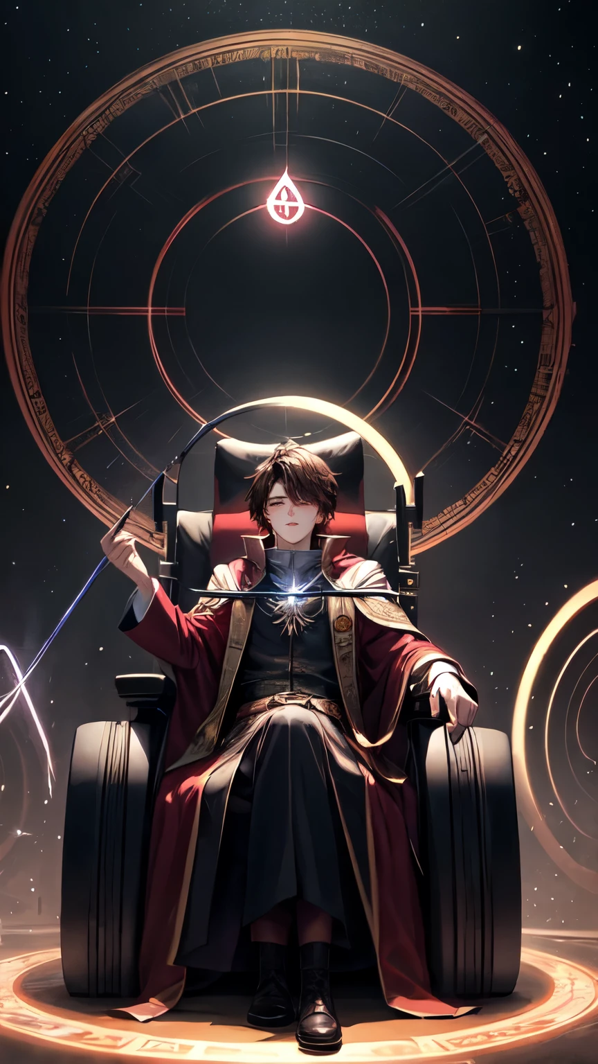 Sorcerer sitting in a wheelchair floating in the void. Lo stregone è vestito con una lunga veste bianca e rossa con rune magiche luminose. Around him are magical circles powered by his power