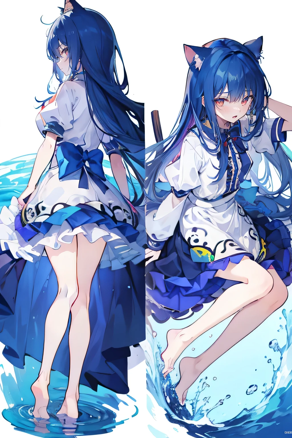 （masterpiece：1.2），Super detailed，lifelike，Expressive eyes，fair skin，perfect face shape，1 girl，
Japanese comics,Gorgeous blue hair,flowing blue hair,flowing clothes,Cat ears,Petals fall,beautiful lola,Baby Angel,
Shaking head with one hand，Cross your legs，Gentle and peaceful background，The pavilion is cool and comfortable,smile, wearing hoodie, background of tokyo,back views,snowing, winter,lie on the water. dark blue gradient hair,asymmetrical hair,（（Hair is very thick 1.8，Chiseled hair 1.6））， Hair over the shoulders, Messy hair, Very long hair, shiny hair，(long dark blue hair:1.2),A beautiful girl，（Transparent clothes transparent 1.8），Perfect body，Big thin legs，slender，(Looks very sad，Looks haggard ，sadness，shut your mouth：1.2） Against the backdrop of an unusually bright dark starry sky，（Put your hands behind your back），（round,Room, Strong breasts），barefoot，float，water surface，（long legs，long legs，long legs，Complete）