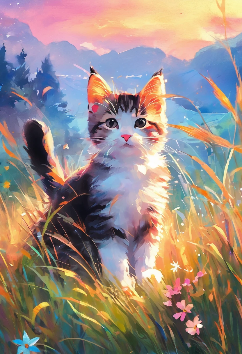 ((Colorful bright sky:1.54)), cute cat sitting in a field surrounded by tall grass, pastel painting style, ((airy light effect: 1.5)), bright atmospheric forest image, Star Art Group (Star Star)