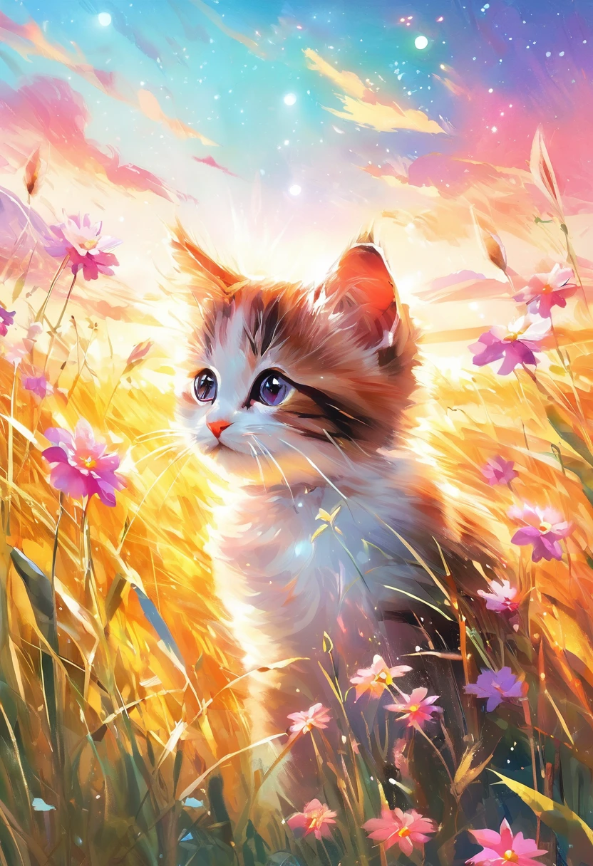 ((Colorful bright sky:1.54)), cute cat sitting in a field surrounded by tall grass, pastel painting style, ((airy light effect: 1.5)), bright atmospheric forest image, Star Art Group (Star Star)