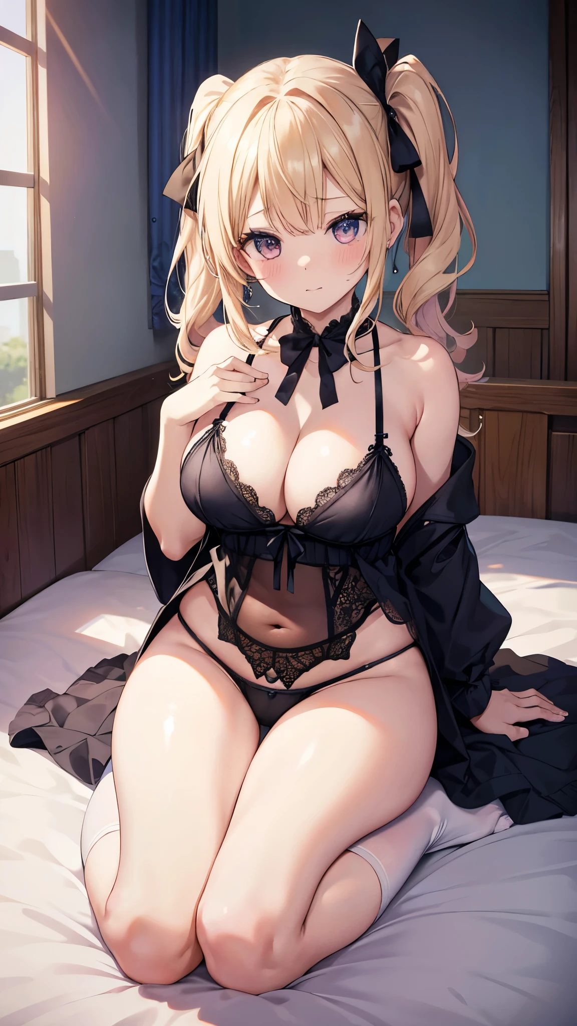 ベッドに座っているメイド服を着た女性のクローズアップ Tabletop、High resolution、With a girl、Underwear only、lingerie、Big ample breasts、Lie on your back in bed、Cute anime illustrations、A masterpiece down to the last detail、Highest quality、14 years、150cm、Model Body Type、Perfect body、Realistic 、Extraordinary beauty、Silky textured hair、Side Ponytail、Two-tone mesh、Realistic eyes、Looks great、Uncertain、Proximity、Closed_mouth、Laughter、blush、shy、feet、audience、Beautiful and detailed、Charming gestures、Wearing panties、Professional Effects、The gap between body and gesture、Tabletop、High resolution、Looking into the camera、Embarrassed face、Cute anime illustrations、Bitch, Gal,、blonde、Huge 、Cleavage、Sexy white underwear、Lesbians all over、Plump thighs、Panty shot、loose socks、Place your hands on your knees、feetを広げます、