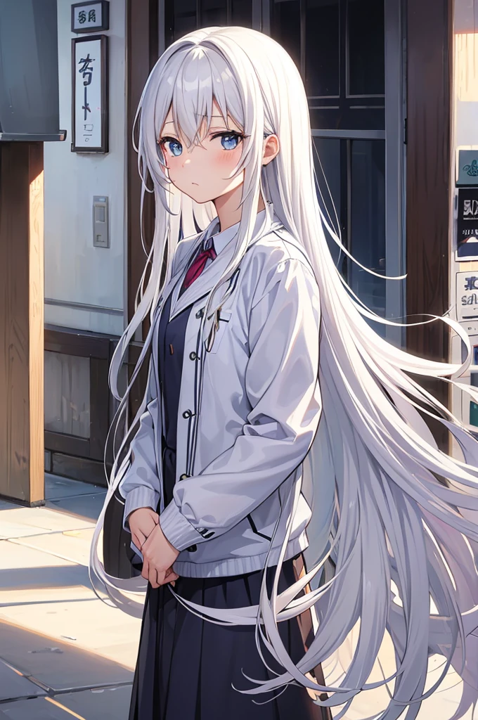 Yozaki Kanade（Project Sekai）,Long Hair,White Hair,blue eyes,Disheveled hair,Sleepy face,Viewer&#39;s perspective,Blue jersey,Black camisole,Small breasts,Highest quality, High resolution