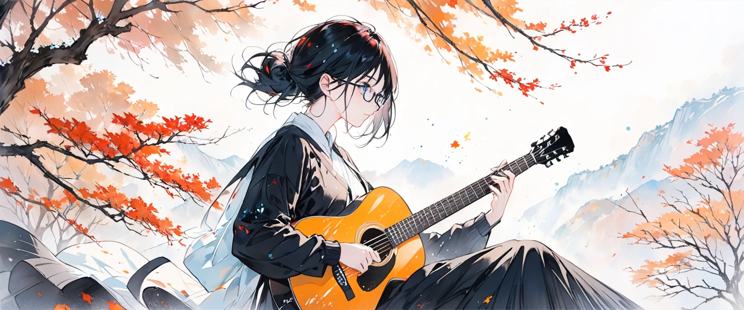 A painting by mse《man wearing glasses》,author:agnes cecile, Luminous design, Soft colors, Ink drops, Autumn Lights, Holding Guitar, Accorstic guitar, side view