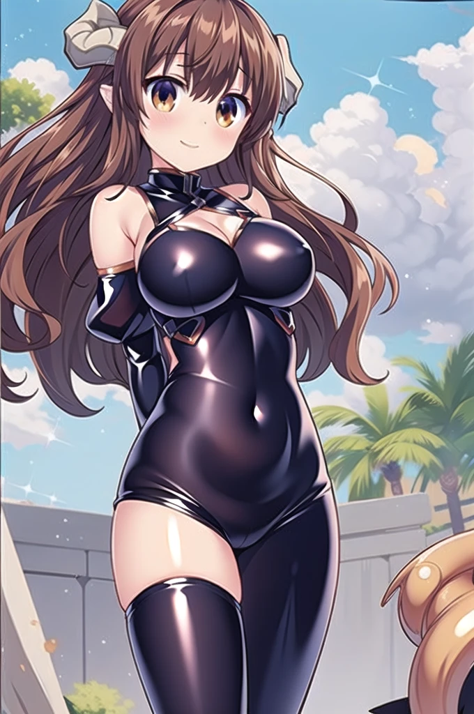 1girl,solo,cowboy shot,standing,(brown hair:1.4),long hair,ahoge,hairs between eyes,curly hair,(brown eyes:1.4),(beautiful fingers:1.4),(perfect anatomy:1.4),(arms_behind_back:1.6),(cold_shoulder:1.2),(latex luster shiny glossy metallic:1.6),(shiny_clothes:1.6),masterpiece,best quality,(Ultra high definition eyes:1.2),8k,(Beautiful detailed eyes:1.2),(Fine and beautiful eyes:1.2),(pretty eyes:1.2),finely detail,extremely CG, absurdres,high resolution,illustration,Detailed and beautiful outlines,finely detail,high resolution,(colorful refraction:1.4,Increase saturation:1.2),beautiful lighting,dynamic lighting,closed room,black background,simple background, smile,looking at viewer,shamiko,(horns:1.6),(white Clear PVC sheets sleeves:1.4),(sheer sleeves:1.4),(see-through sleeves:1.4),(wide sleeves:1.2),(purple thigh boots:1.2)