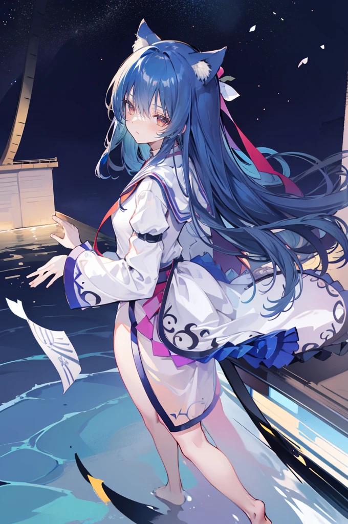 （masterpiece：1.2），Super detailed，lifelike，Expressive eyes，fair skin，perfect face shape，1 girl，
Japanese comics,Gorgeous blue hair,flowing blue hair,flowing clothes,Cat ears,Petals fall,beautiful lola,Baby Angel,
Shaking head with one hand，Cross your legs，Gentle and peaceful background，The pavilion is cool and comfortable,smile, wearing hoodie, background of tokyo,back views,snowing, winter,lie on the water. dark blue gradient hair,asymmetrical hair,（（Hair is very thick 1.8，Chiseled hair 1.6））， Hair over the shoulders, Messy hair, Very long hair, shiny hair，(long dark blue hair:1.2),A beautiful girl，（Transparent clothes transparent 1.8），Perfect body，Big thin legs，slender，(Looks very sad，Looks haggard ，sadness，shut your mouth：1.2） Against the backdrop of an unusually bright dark starry sky，（Put your hands behind your back），（round,Room, Strong breasts），barefoot，float，water surface，（long legs，long legs，long legs，Complete）