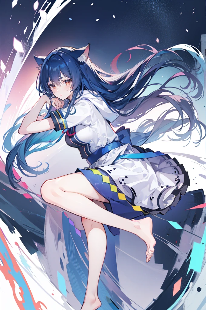 (masterpiece:1.2),Super detailed,lifelike,Expressive eyes,fair skin,perfect face shape,1 girl,
Japanese comics,Gorgeous blue hair,flowing blue hair,flowing clothes,Cat ears,Petals fall,beautiful lola,Baby Angel,
Shaking head with one hand,Cross your legs,Gentle and peaceful background,The pavilion is cool and comfortable,smile, wearing hoodie, background of tokyo,back views,snowing, winter,lie on the water. dark blue gradient hair,asymmetrical hair,((Hair is very thick 1.8,Chiseled hair 1.6)), Hair over the shoulders, Messy hair, Very long hair, shiny hair,(long dark blue hair:1.2),A beautiful girl,(Transparent clothes transparent 1.8),Perfect body,Big thin legs,slender,(Looks very sad,Looks haggard ,sadness,shut your mouth:1.2) Against the backdrop of an unusually bright dark starry sky,(Put your hands behind your back),(round,Room, Strong breasts),barefoot,float,water surface,(long legs,long legs,long legs,Complete)