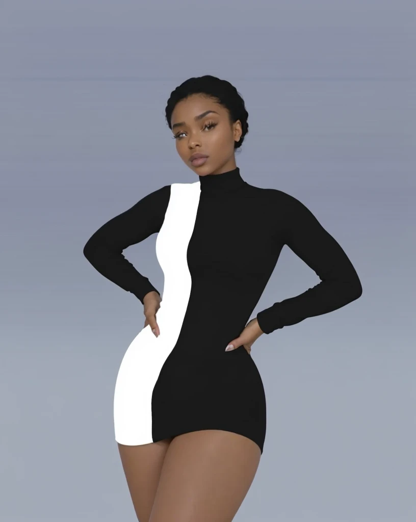 (Beautiful girl, Yara Shahidi, KIKI Layne, Kylie Jenner, Maitreyi Ramakrishnan, young Jessica Alba), Wearing tight white and black cotton-Lycra-fabric long sleeve mini dress, round breasts, slim waist, big hips, beautiful soft thighs, beautiful legs,(HDR, 8K, vivid, vibrant, detailed: 1.4), (hyper realistic, movie graphics)