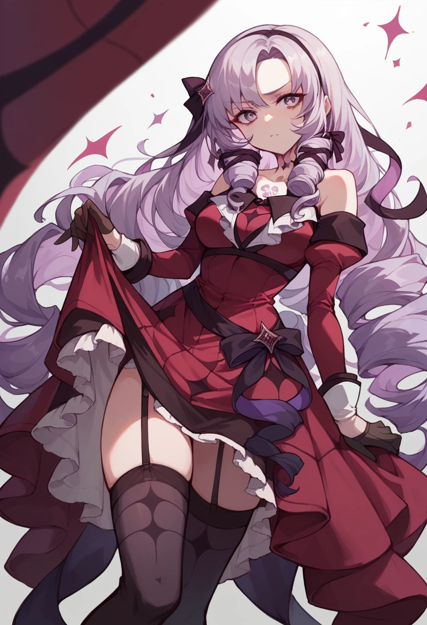 nsfw, salome, hair ribbon, hairband, chest tattoo, very long hair, bare shoulders, gloves, black gloves, dress, long sleeves, garter straps, thighhighs, black thighhighs, skirt lift, bottomless