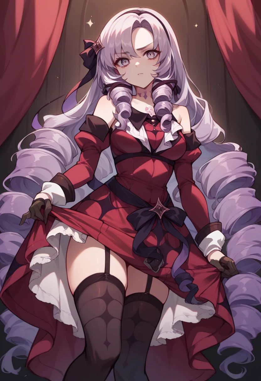 nsfw, salome, hair ribbon, hairband, chest tattoo, very long hair, bare shoulders, gloves, black gloves, dress, long sleeves, garter straps, thighhighs, black thighhighs, skirt lift, bottomless