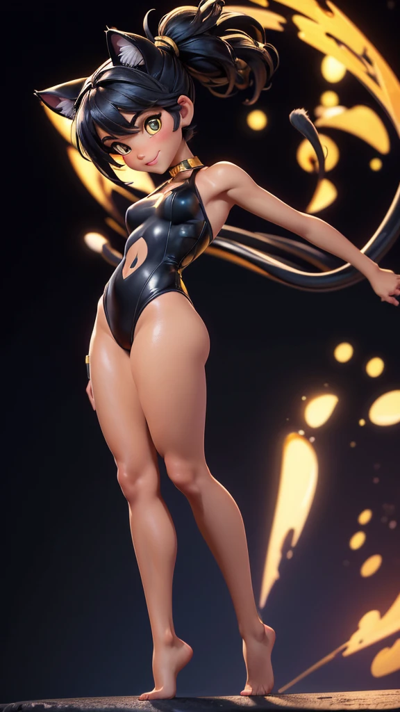 (high resolution, full body, soft skin:1.2),(best illustration,masterpiece:1.2),ultra-detailed,[(cat ears , black inside:1.2, black ponytail hair, gold eyes, cat eyes, dark skin),vivid colors,sharp focus,studio lighting,bokeh, wearing a WHITE Plunge One Piece Swimsuit, pier at night background, smiling, upper body 