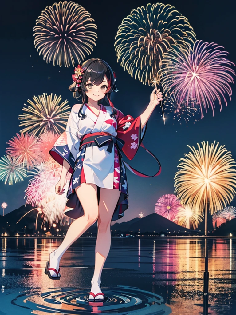 (masterpiece, Highest quality, Super detailed),One girl,((super fine illustration)),((cute eyes,highly detailed skin)),((smile)),(well endowed,Blessed,Captivating body、Detailed Background)、(yukata:1.5),firework,(大量のfirework,Night view,Ocean)、Festivals, miosha1, full body