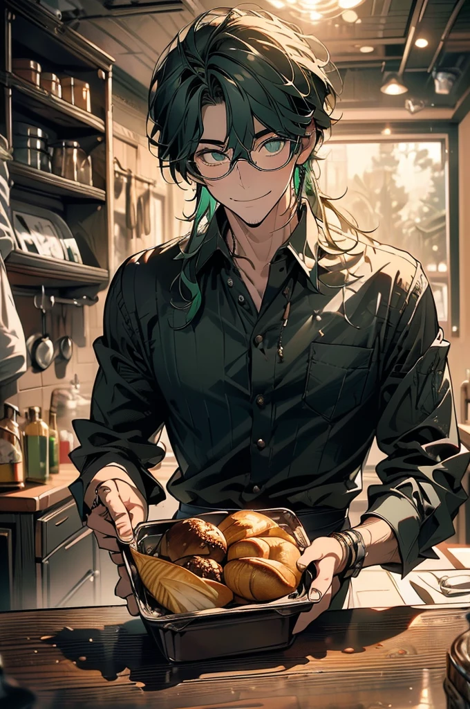 (masterpiece, highest quality, best quality, highest detailed, perfect face) 1 male, adult, muscular, broad man, long green hair, green eyes, (Clothes: glasses, black undershirt, kitchen accessories, apron) in a fast food kitchen, cooking, lots of food, lewd smile,