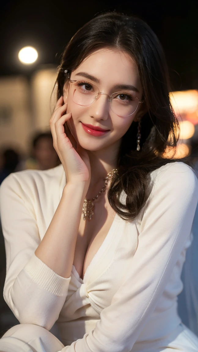 (Canon RF85mm f/1.2), (8K, original photo, best quality), (masterpiece), (Practical, photograph Practical), (Extremely detailed, High Detail, Best image quality, Very detailed, high resolution, Very detailed, Extremely detailed的描述, very good, Extremely exquisite and beautiful work), Beautiful and delicate girl, full body, ((Perfect body)), Very detailed eyes and face, White skin, Noble and beautiful, ((Delicate skin texture, Pores)), Perfect anatomical structure, Beautiful body, Delicate face, Slim abdominal muscles, Slim waist), Big Ass, (Large Breasts, Breast enlargement), (Soulful gaze, soulful eyes, Glowing eyes), (Beautiful clear eyes), (Bounce Curly Messy Long Hair), (Smile:1.2), (Fascinated expression), (Beautiful appearance), ((Cardigan,Wedding dress)), ((Tight Fit)), ((bud)), ((wear glasses)), earrings, necklace, ((night)), ((Street View, moonlight)), Physically Based Rendering, Realistic lighting, ((Looking at the audience)), ((Everlasting)), ((Happy and shy))