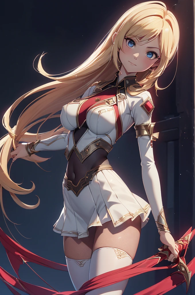 a beautiful detailed portrait of Kudelia Aina Bernstein from Gundam IBO, (Whole body view:1.3), yellow blonde hair in single thigh-length braid, 1/4 walking right pose, viewing from slightly below, smirking facial expression, dress lifted revealing tight white thigh high boots and a glimpse of red thong underneath, round hips, highly detailed, intricate details, cinematic lighting, spaceship hangar Bay interior