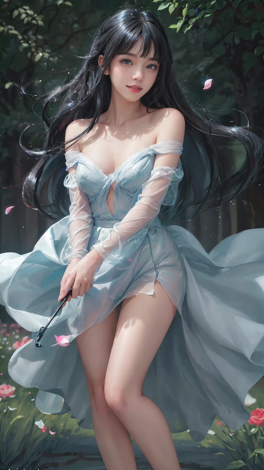 Fluorescent color、1 girl、Look to the side、Beautiful Face、Beautiful Eyes、(Off the shoulder:1.2)、Upper Body、Shiny Hair、Glowing Skin、Reduce glare、The proportions of the fingers have been adjusted、Tenebrosa、Dynamic Angle、((((Master part)))、(((Best Quality)))、((Ultra Detari))、(An illustration)、(Detailed light)、((Very delicate and beautiful))、Dramatic_shade、Lightning strike_tracing、reflection、 Ultra-high resolution、(Girl walking in a flower field)、(The wind blows and the skirt flies up),(Sparkling colorful rose petals are dancing)、bright green eyes、 Black-haired woman、point of light々and shine、Woman in a place filled with sparkling butterflies、 Black-haired woman、女性の周りのpoint of light、Magical Aura、(Big blue eyes)、Supernatural Aura、超Magical AuraBlack-haired woman