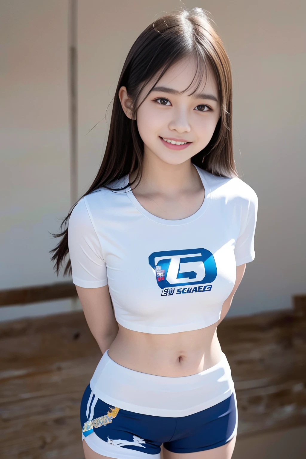 (8x_NMKD-Superscale_150000_G, 8k, best quality, high resolution, masterpiece), ((simple background)), (cowboy shot), (((Standing, arms behind back))), (1girl, 18 years old, smile), ((((t-shirt, sports shorts))))