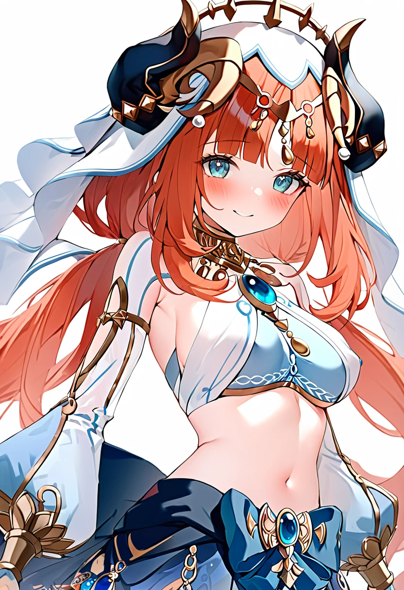 genshin_impact nilou_(genshin_impact) highres 1girl arabian_clothes bare_shoulders blue_eyes blunt_bangs blush breasts fake_horns horns large_breasts long_hair long_sleeves looking_at_viewer low_twintails midriff red_hair revealing_clothes simple_background smile solo twintails veil white_background nipples