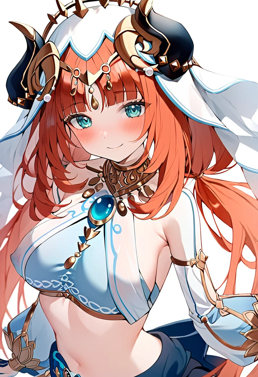 genshin_impact nilou_(genshin_impact) highres 1girl arabian_clothes bare_shoulders blue_eyes blunt_bangs blush breasts fake_horns horns large_breasts long_hair long_sleeves looking_at_viewer low_twintails midriff red_hair revealing_clothes simple_background smile solo twintails veil white_background nipples