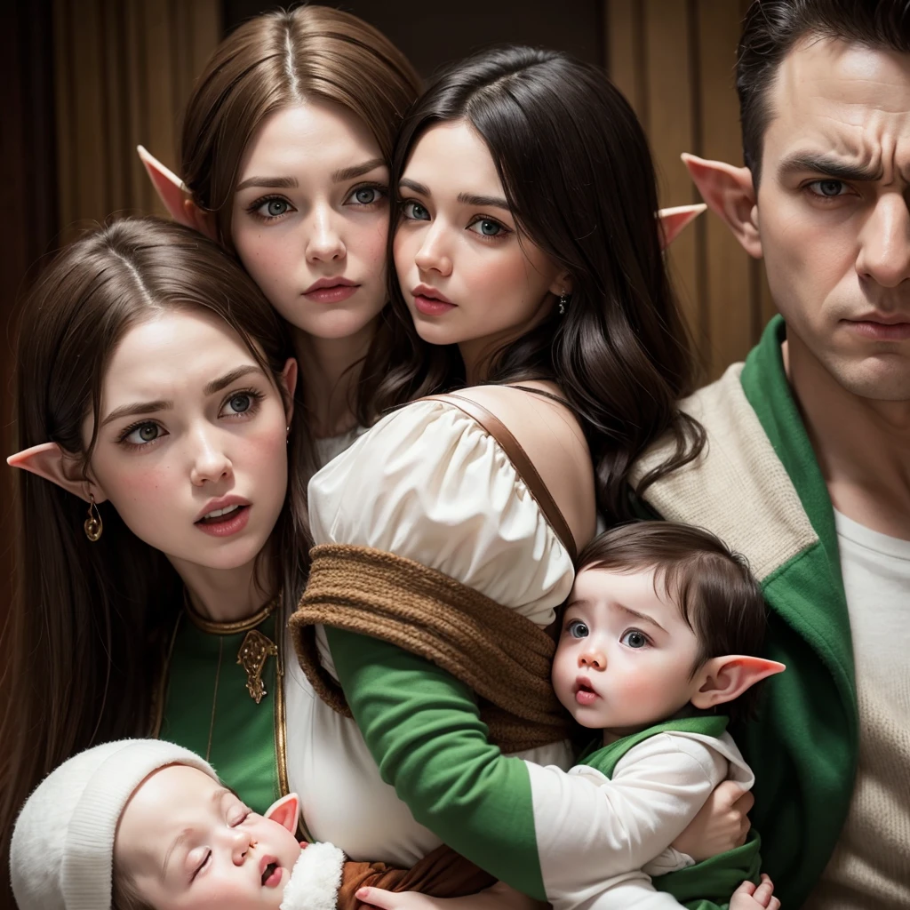 A white woman with brown hair holding an elf  in her arms and in front of an angry elf man with black hair.