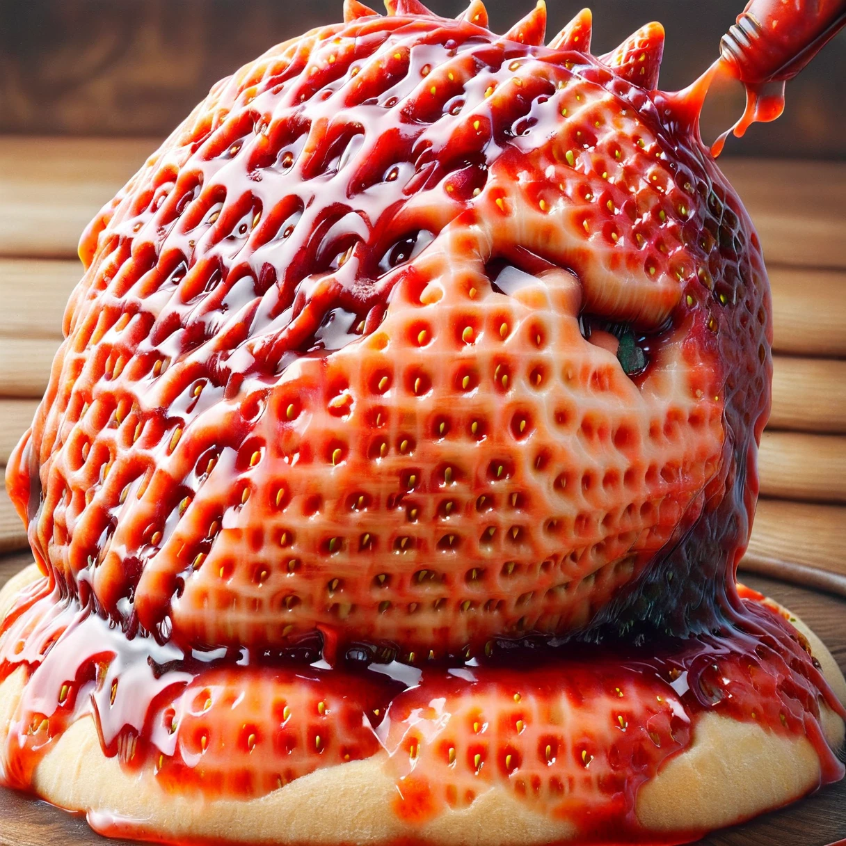 Cats eating strawberry jam on a waffle