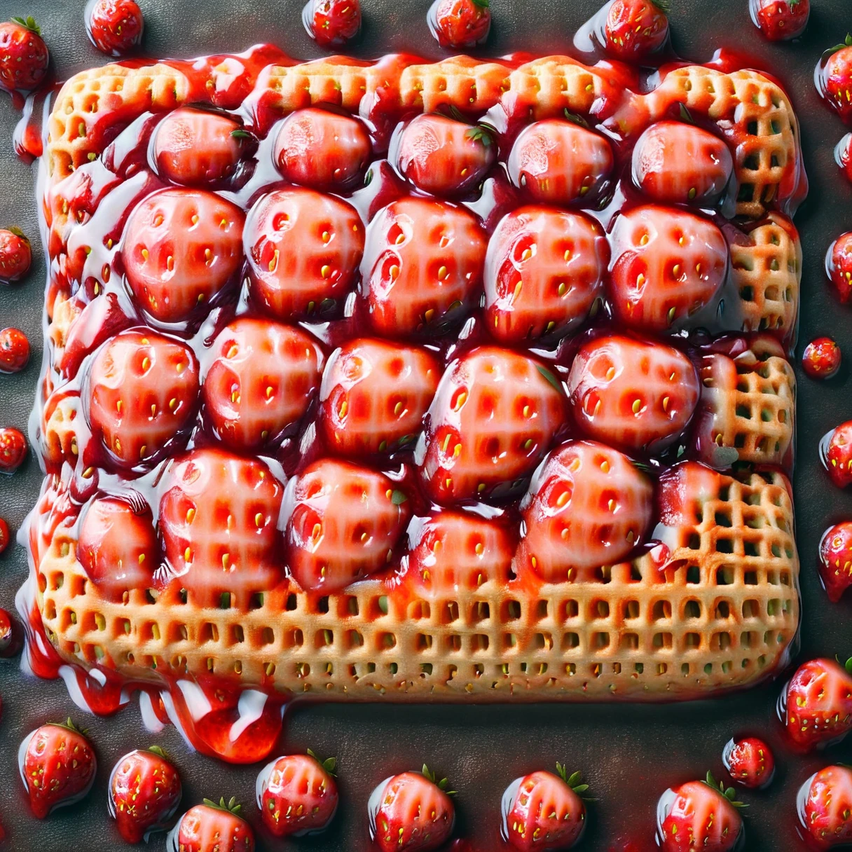 Cats eating strawberry jam on a waffle