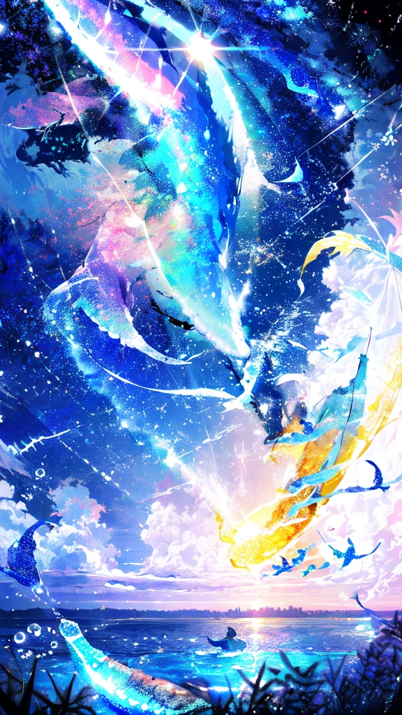 -scenery, 1girl, sky, Star (sky), Highest Resolution、whale, night, 独奏, city lights, Starry sky, Fine bubbles、night sky, bubble, moon, watercraft, outdoors, short hair, ocean, cloud,coloured glaze,