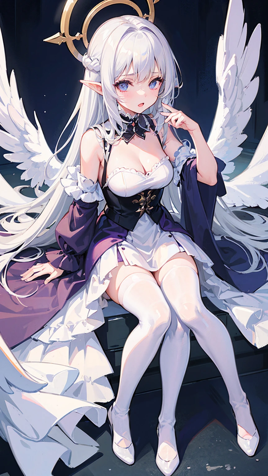 (highest quality)、((Super detailed))、(super delicate)、Sexy and cute fallen angel、 girl、silver hair、beautiful breasts、beautiful thighs、Gorgeous、Fantastic Light
