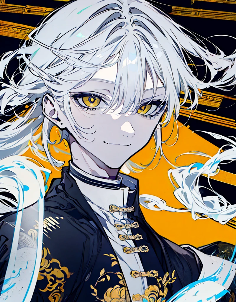 High resolution　male　Character portrait　whole body　White background　Close ~ eyes　Suspicious Laughter　Lift the corners of your mouth　tall　Silver Hair　Yellow Eyes　Chinese style black clothes　sunglasses　smile　Smoke　Double teeth　Grinning face
