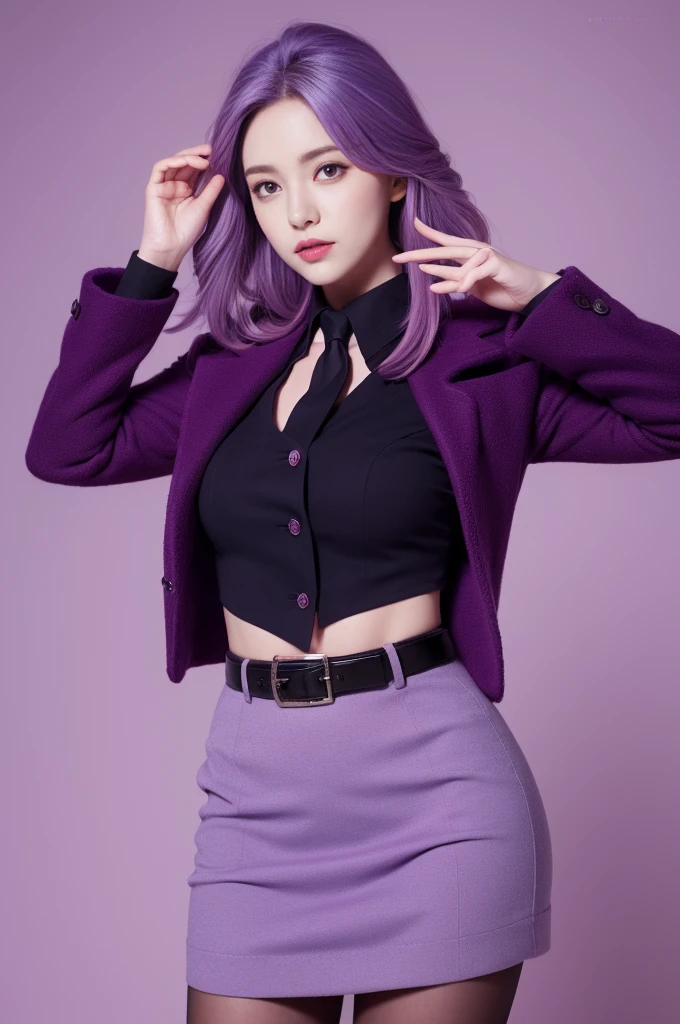 Reality, high resolution, 1 female, Hips up, beautiful eyes, purple gradient hair, Dark circles under eyes, Collared shirt,tie,Purple skirt, Pencil Skirt, Fur coat