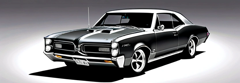 (Top quality, Masterpiece, Exquisite and beautiful, offcial art), Dark Taupe  colored 1967 Pontiac GTO , pop art, cartoonish style , sketch, detailed illustration, large wheels, slammed to the ground, wide body, masterpiece, highly detailed ((([simple  grey background])))
