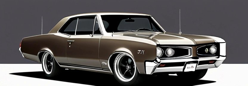 (Top quality, Masterpiece, Exquisite and beautiful, offcial art), Dark Taupe  colored 1967 Pontiac GTO , pop art, cartoonish style , sketch, detailed illustration, large wheels, slammed to the ground, wide body, masterpiece, highly detailed ((([simple  grey background])))
