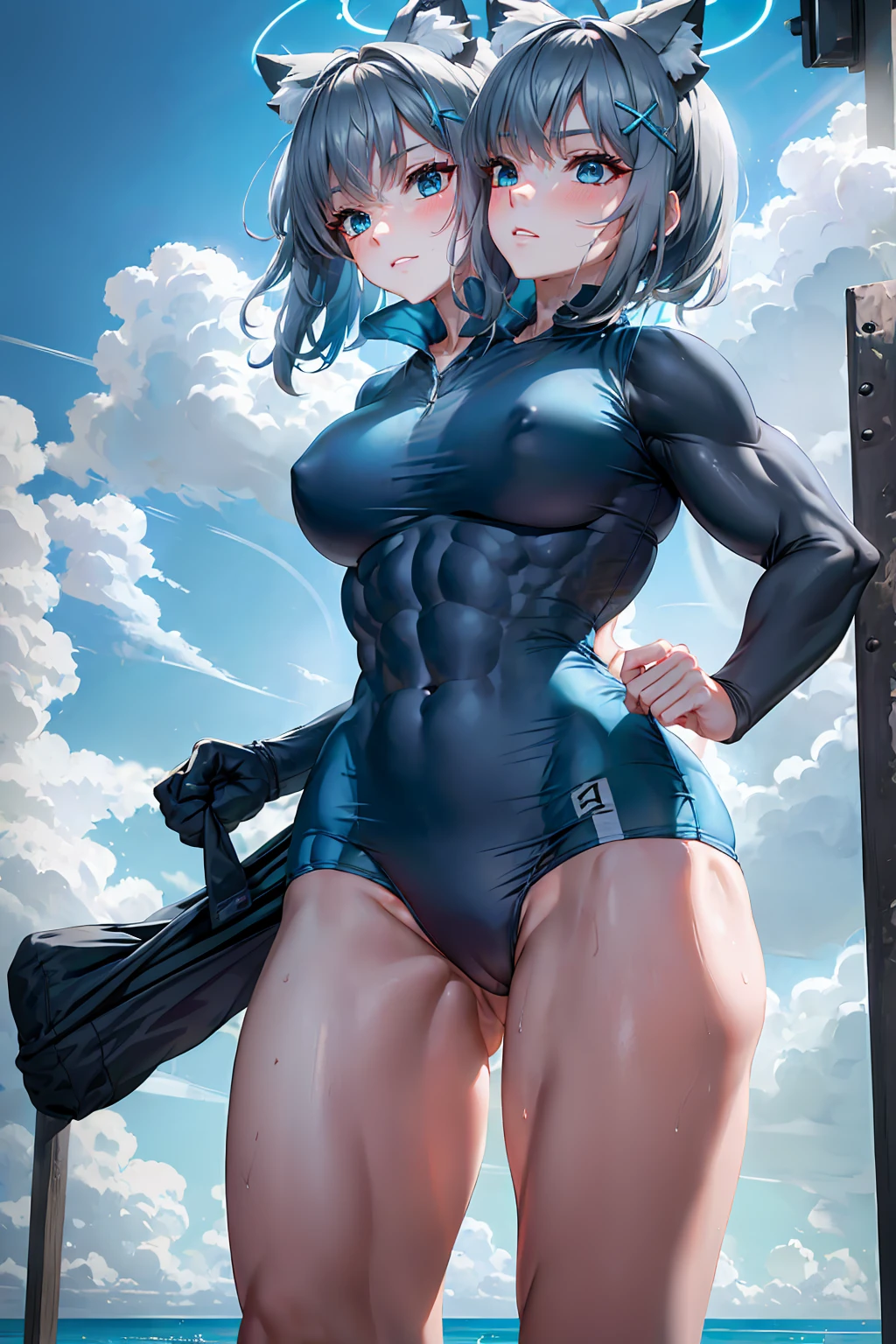 masterpiece,best quality,best resolusion,1 girl,2heads,shiroko character,detailed,conjoined twins,has two wolf ears on top of the head, has a round blue circle of light,short silver hair,blue hair ornament,blue eyes,wearing a tight dark blue women's swimsuit,normal breasts,beach background,beautiful face,beautiful eyes,beautiful body,beautiful hand,beautiful hair, (running:1.4), (jogging:1.4), (extremely muscular:1.9), (wide hips), (thick thighs)