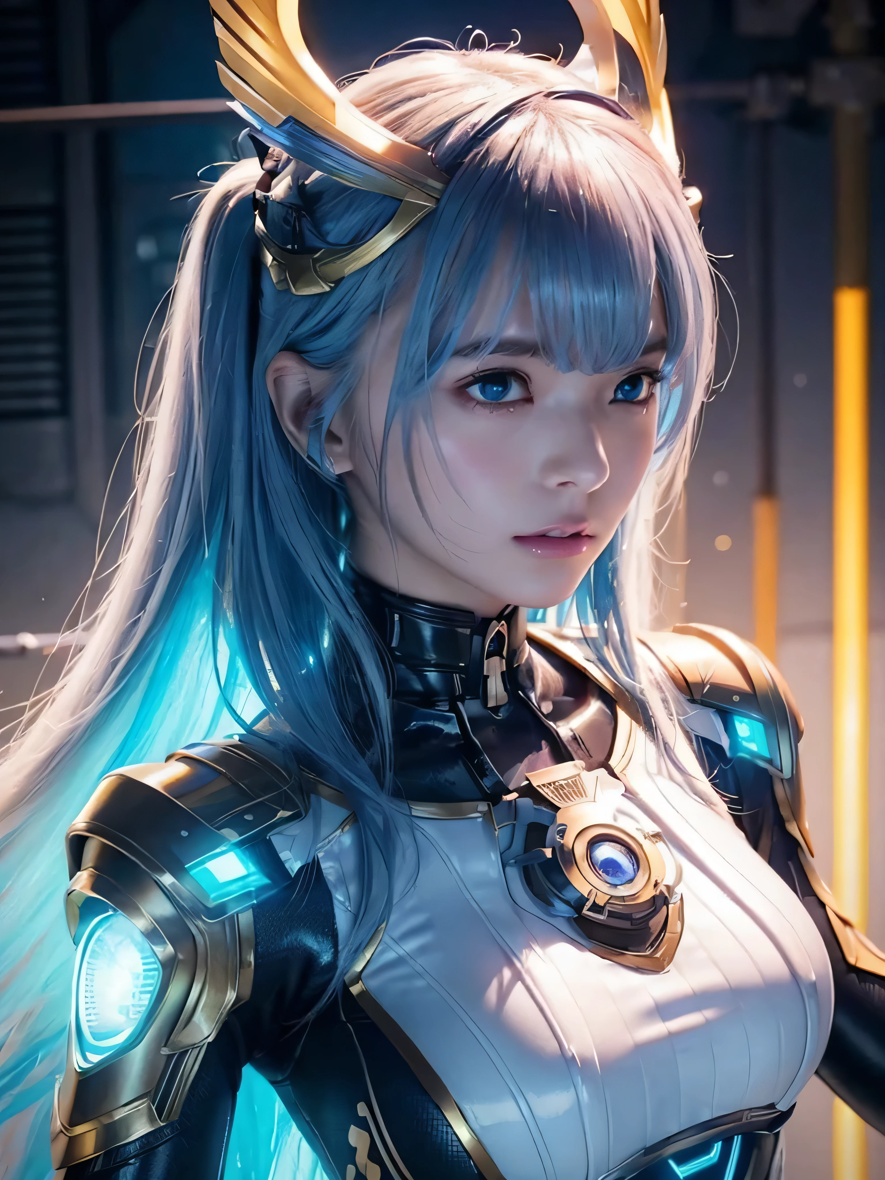 (Raw quality:1.4), Highest quality、masterpiece、Ultra-high resolution、(Photorealistic:1.4)、1 girl、Light blue hair、Straight hair, shiny clean hair、Beautiful bangs, White and glowing skin、Sexy Cyberpunk Girl、((Ultra-Realistic Details))、Shadow、Octane Rendering、Super sharp、Ultra detailed face、Fiberglass、Luminous tube、Very intricate details、Realistic Light、CGSoation Trend、((Golden Eyes))、(To the camera)、Neon Detailechanical limbal mechanical vertebrae attached to the back、Attaching a mechanical cervical vertebra to the neck、Wires and cables connected to the head、((Valkyrie))、((Beam Cannon))、Combat Stance
